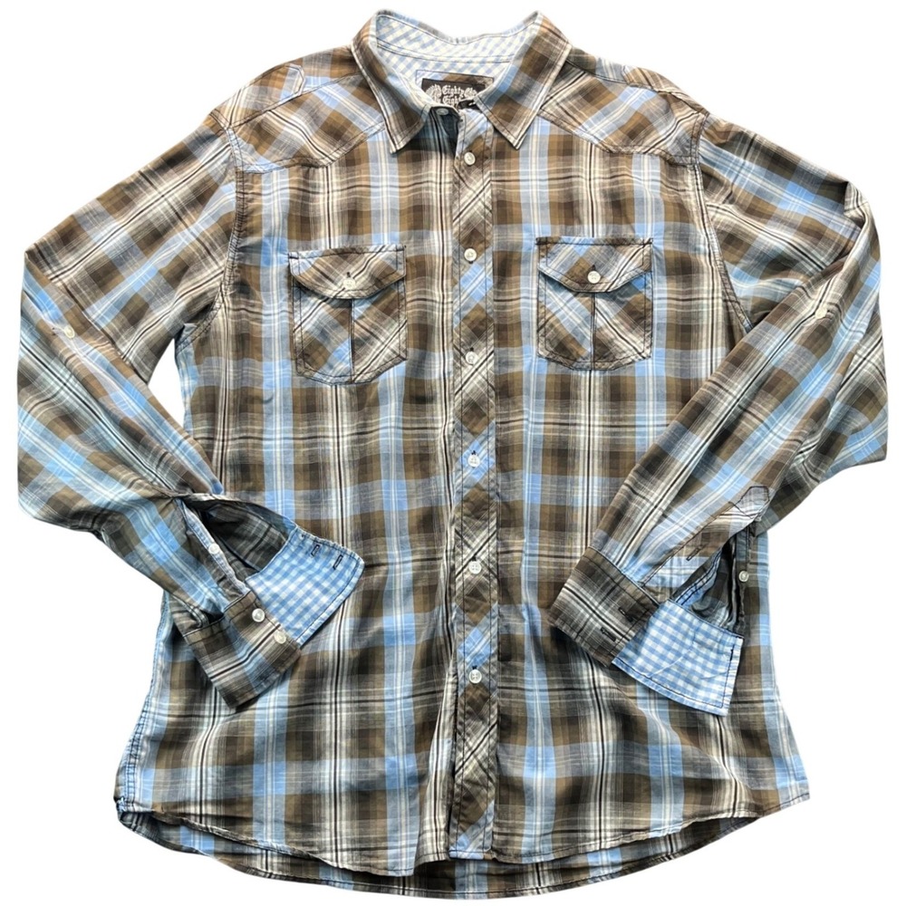 Eighty Eight Mens XL Western Plaid Shirt Blue Brown Gingham Buttons Brown/White